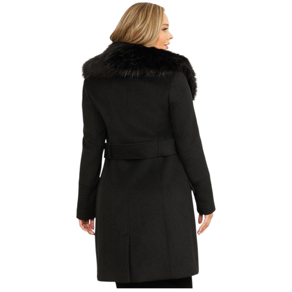 $380 NWT Marciano Loreta Women’s Wool Blend Belted Coat Size 8 Black Fur Collar - Picture 3 of 16